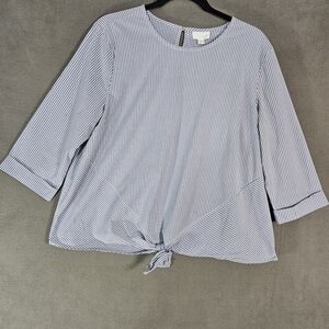 J Jill Womens XL Shirt Blue Pinstripe Front Tie 3/4 Sleeve Cuff Keyhole Blouse